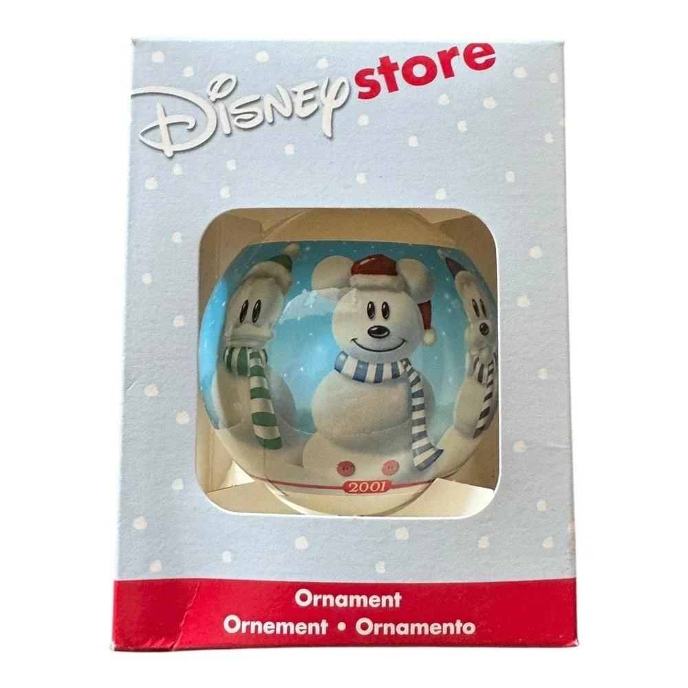 2001 Disney Store Snowman Mickey Donald‎ Pluto Christmas Glass Ball Ornament